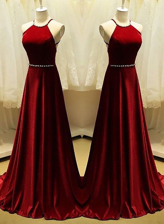 Tmallworld A-Line Halter Sleeveless Cross Back Velvet Long Red Gown, Red Formal Dress