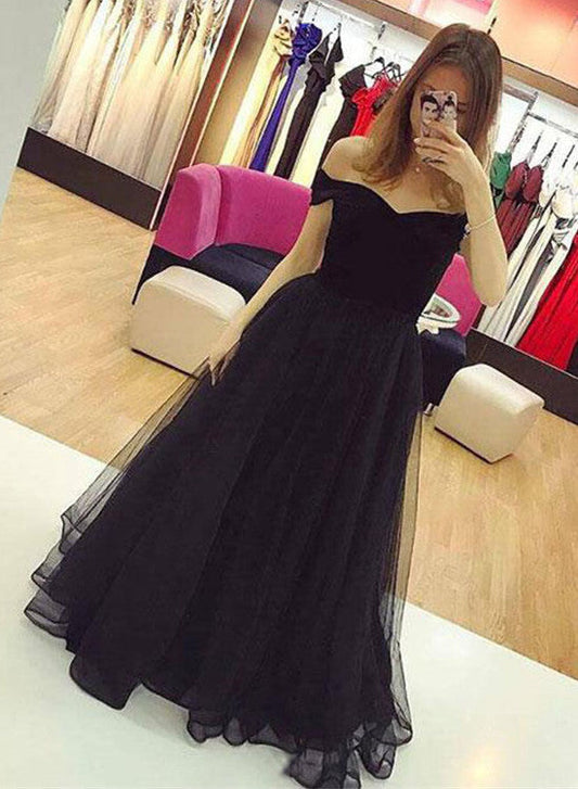 Tmallworld Black Velvet and Tulle Long Formal Dress, Off the Shoulder Party Dress, Black Evening Dress