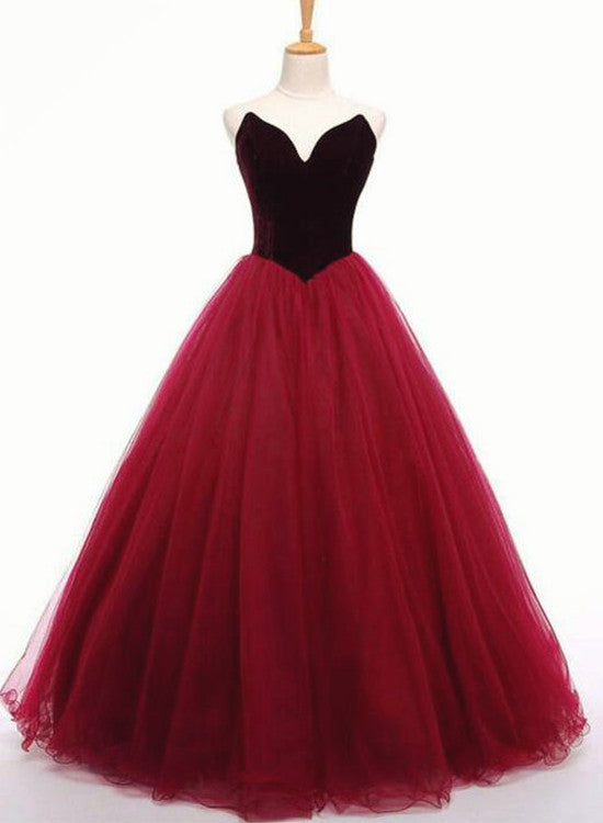 Tmallworld Tulle and Velvet Burgundy Long Party Gown, Tulle Gowns, Junior Prom Dresses