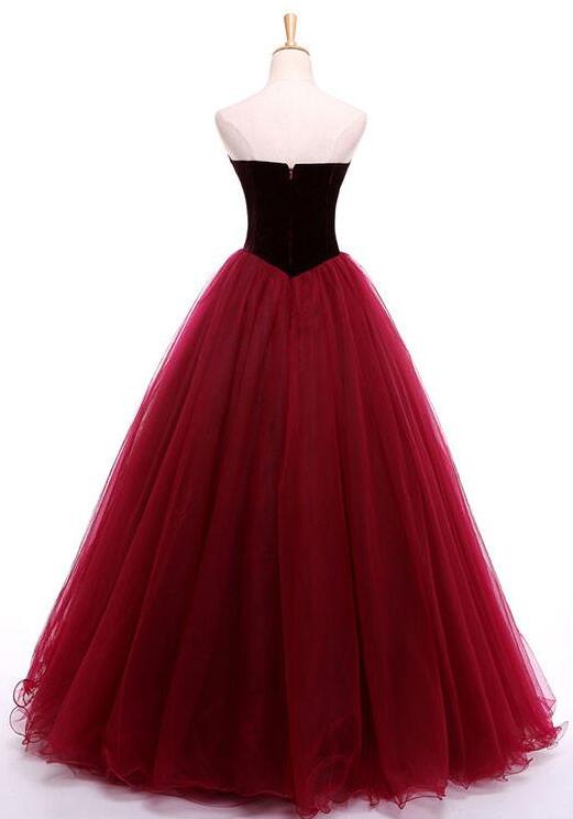 Tmallworld Tulle and Velvet Burgundy Long Party Gown, Tulle Gowns, Junior Prom Dresses