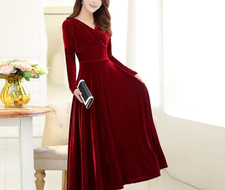 Tmallworld Lovely Velvet Long Sleeves Women Dresses, Women Long Dresses, Velvet Dresses