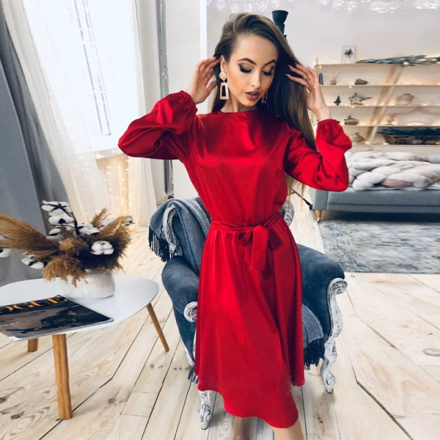 Women Vintage Sashes Satin A-line Dress Lantern Sleeve O neck Solid Elegant Casual Party Dress Summer OL New Fashion Dress