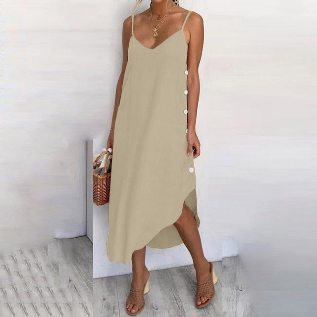 Womens Summer Sundress Sexy Spaghetti Straps Beach Dress Celmia Casual Loose Buttons Asymmetrical Plus Size Vestidos Robe