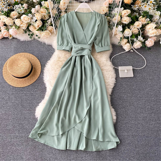 Women Summer Midi French Dress Sweet V-Neck Puff Sleeve High Waist Elegant Woman Dresses Female Clothing New Year Atopos