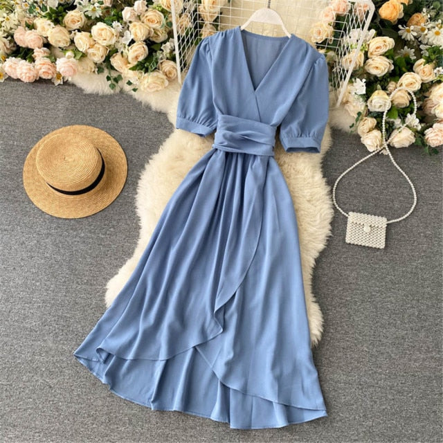 Women Summer Midi French Dress Sweet V-Neck Puff Sleeve High Waist Elegant Woman Dresses Female Clothing New Year Atopos