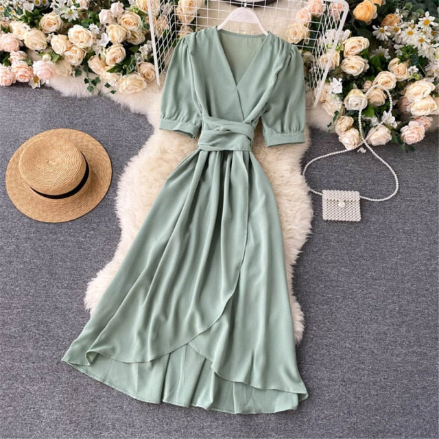 Women Summer Midi French Dress Sweet V-Neck Puff Sleeve High Waist Elegant Woman Dresses Female Clothing New Year Atopos