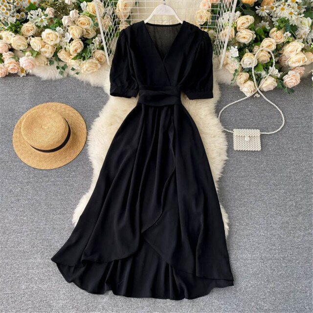 Women Summer Midi French Dress Sweet V-Neck Puff Sleeve High Waist Elegant Woman Dresses Female Clothing New Year Atopos