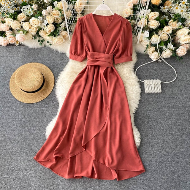 Women Summer Midi French Dress Sweet V-Neck Puff Sleeve High Waist Elegant Woman Dresses Female Clothing New Year Atopos