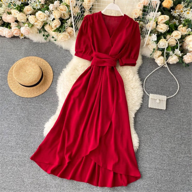 Women Summer Midi French Dress Sweet V-Neck Puff Sleeve High Waist Elegant Woman Dresses Female Clothing New Year Atopos