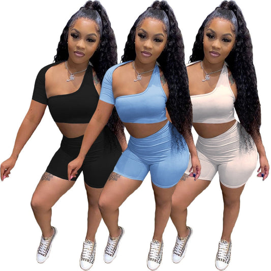 Women's Suit Irregular Collar Tops Solid Color Sexy Hollow Out Top Summer Women Sleeveless Crop Top+Biker Shorts 2 Piece Set