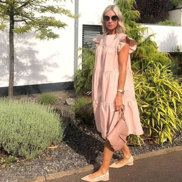 Women Summer Dress Casual Loose Short Sleeve Party Dresses Sweet O Neck Ruffled A Line Female Robe Dress Plus Size Vestidos