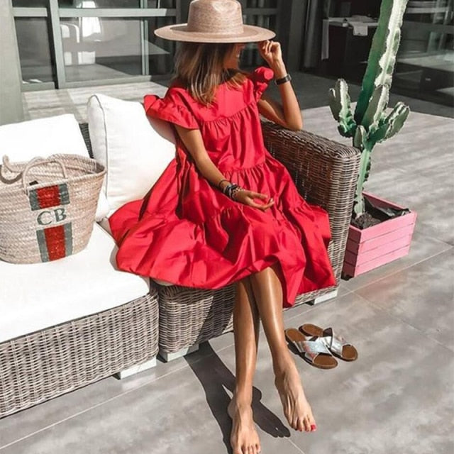 Women Summer Dress Casual Loose Short Sleeve Party Dresses Sweet O Neck Ruffled A Line Female Robe Dress Plus Size Vestidos