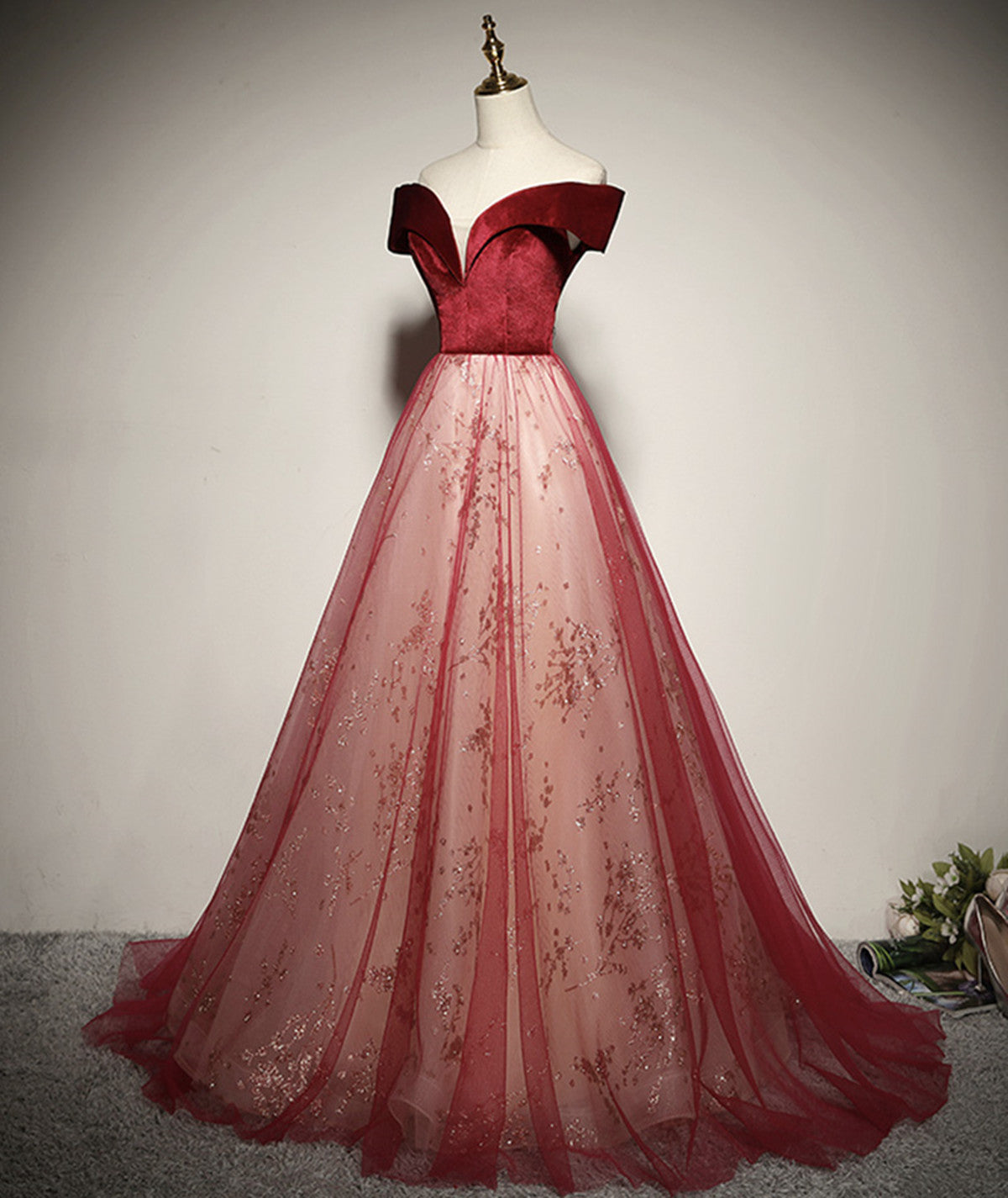 Tmallworld Wine Red A-line Off Shoulder Tulle with Velvet Prom Dress, Wine Red Tulle Formal Dress