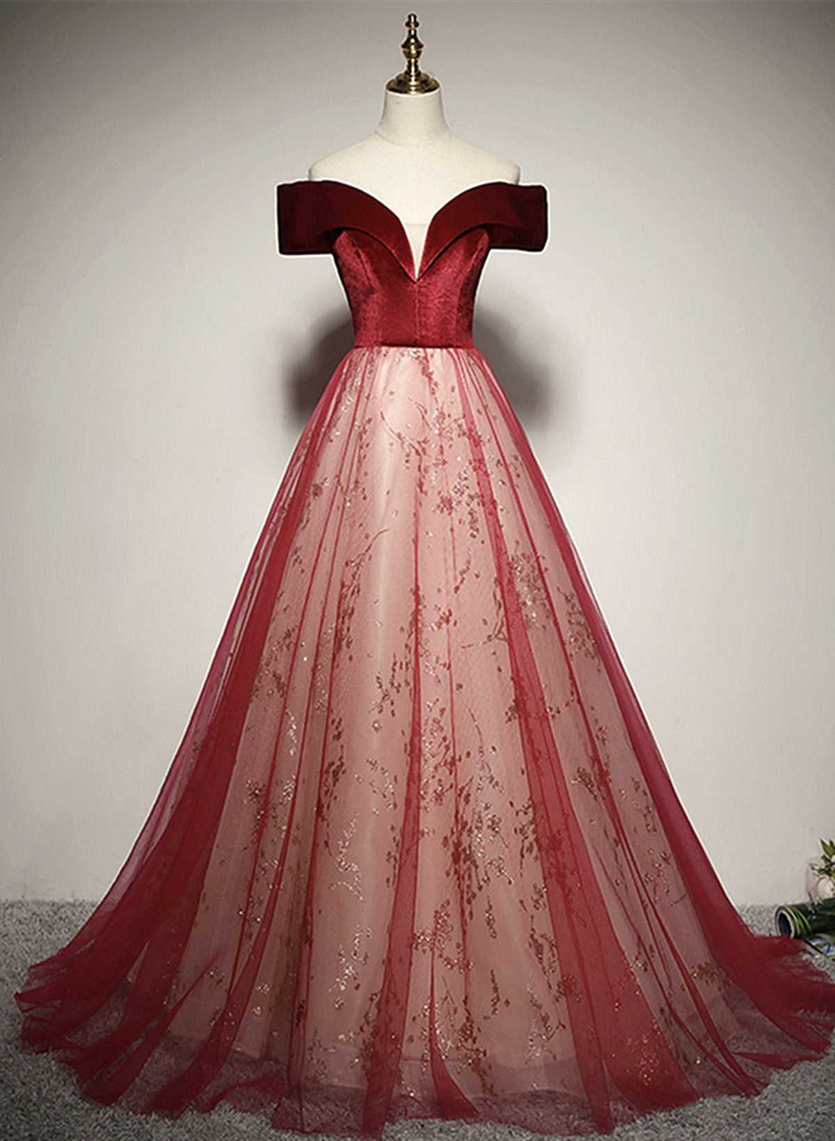 Tmallworld Wine Red A-line Off Shoulder Tulle with Velvet Prom Dress, Wine Red Tulle Formal Dress