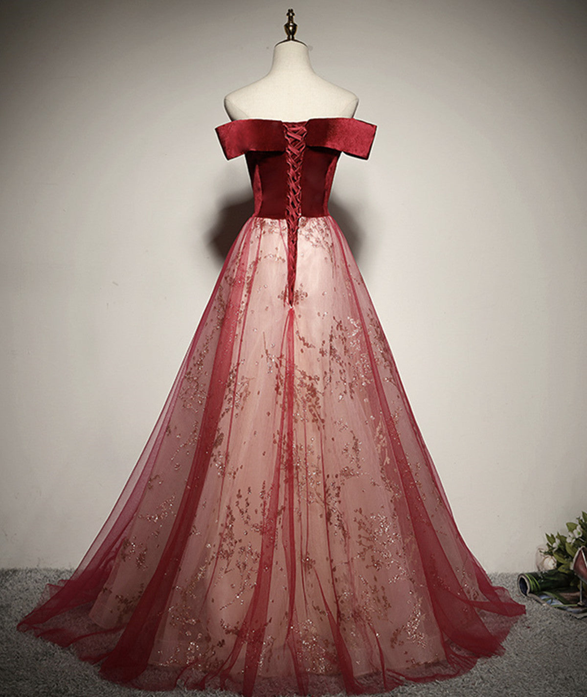 Tmallworld Wine Red A-line Off Shoulder Tulle with Velvet Prom Dress, Wine Red Tulle Formal Dress