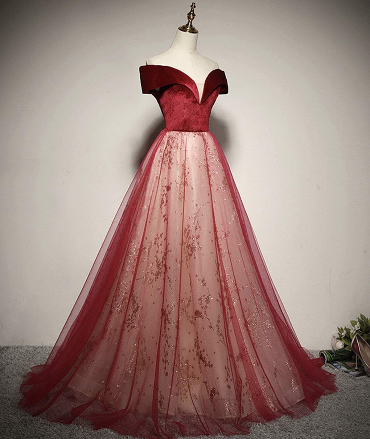 Tmallworld Wine Red A-line Off Shoulder Tulle with Velvet Prom Dress, Wine Red Tulle Formal Dress