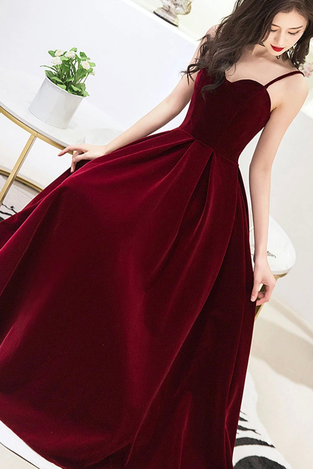 Tmallworld Wine Red Velvet Straps V-neckline Party Dress, Long Burgundy Prom Dress Evening Dress