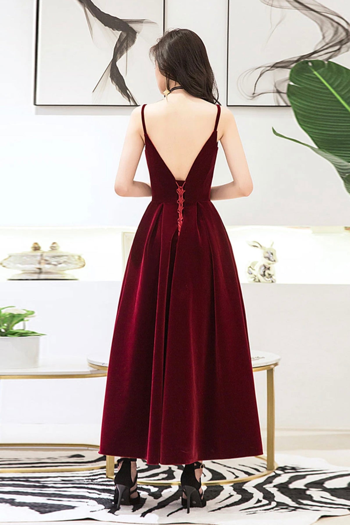 Tmallworld Wine Red Velvet Straps V-neckline Party Dress, Long Burgundy Prom Dress Evening Dress