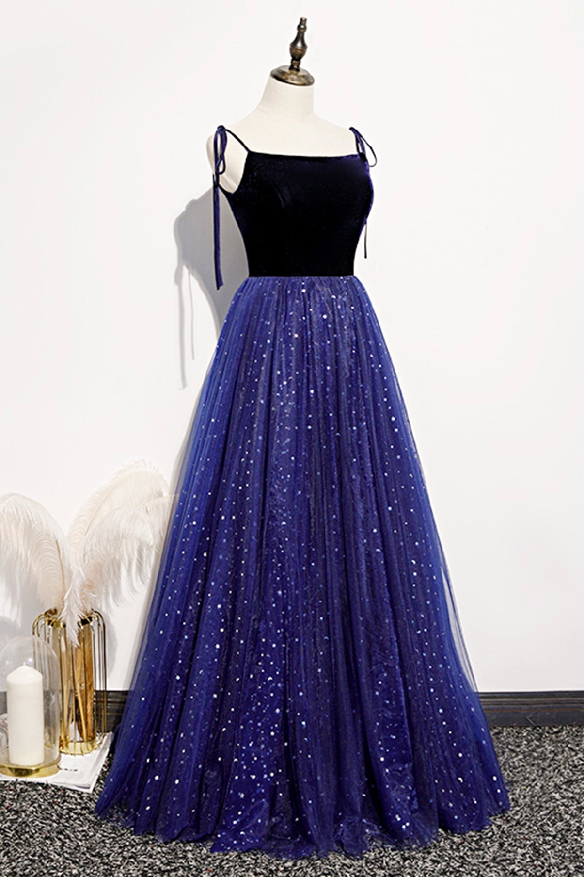 Tmallworld Blue Sparkle Tulle with Velvet Top Straps Long Formal Dress, A-line Simple Party Dress