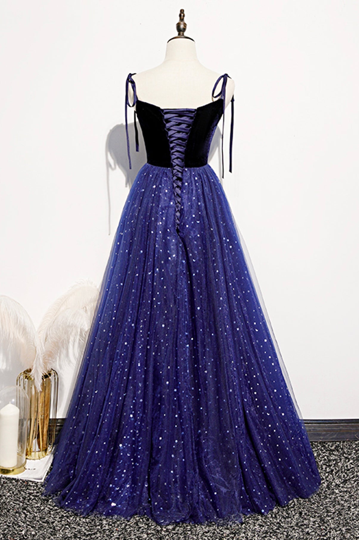 Tmallworld Blue Sparkle Tulle with Velvet Top Straps Long Formal Dress, A-line Simple Party Dress