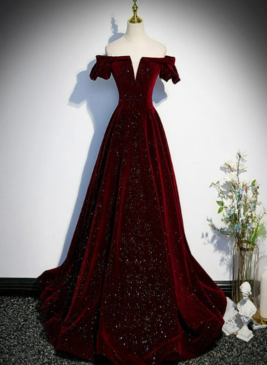 Tmallworld Beautiful Wine Red Off Shoulder Velvet Long Party Dress, A-line Dark Red Prom Dresses