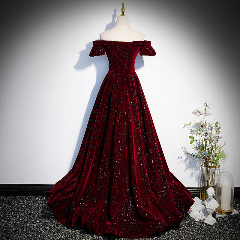 Tmallworld Beautiful Wine Red Off Shoulder Velvet Long Party Dress, A-line Dark Red Prom Dresses