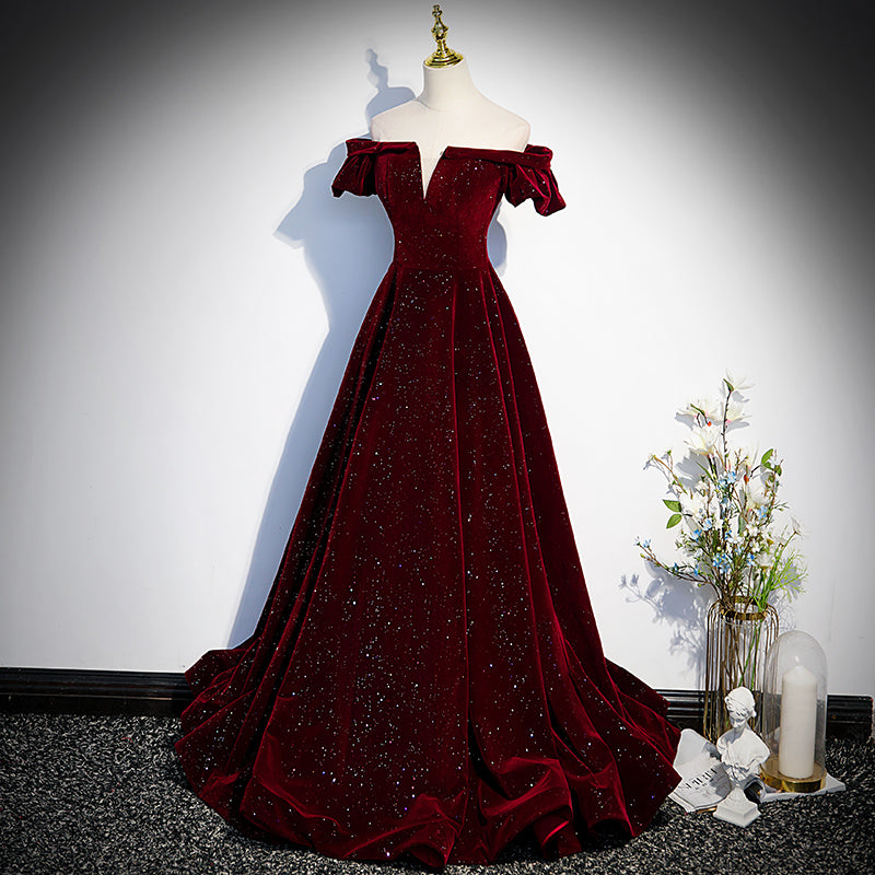 Tmallworld Beautiful Wine Red Off Shoulder Velvet Long Party Dress, A-line Dark Red Prom Dresses