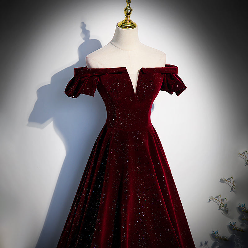 Tmallworld Beautiful Wine Red Off Shoulder Velvet Long Party Dress, A-line Dark Red Prom Dresses