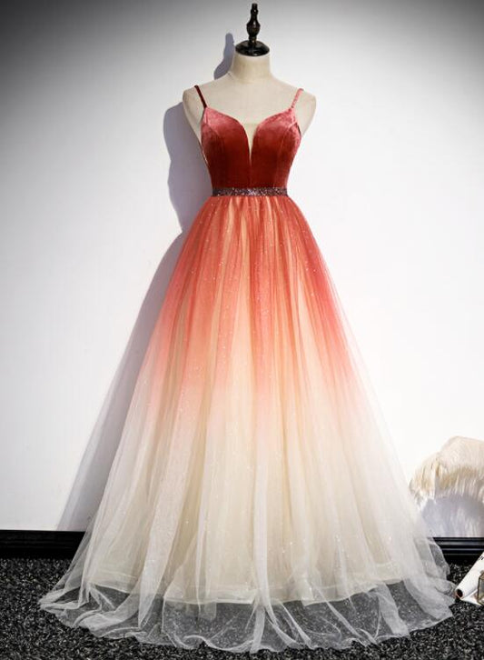 Tmallworld Beautiful Red Velvet and Gradient Tulle Beaded Party Dress, Straps Long Formal Gown