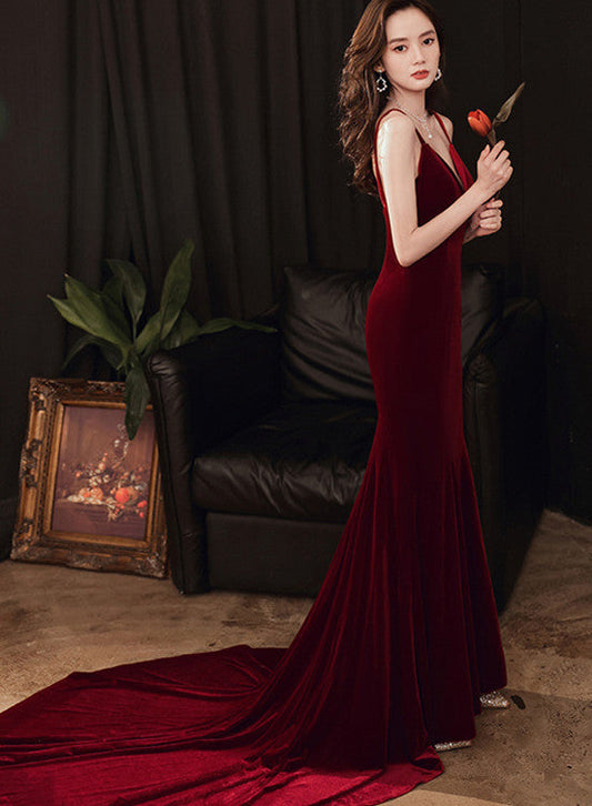 Tmallworld Charming V-neckline Mermaid Velvet Evening Gown Wedding Party Dress, Dark Red Long Prom Dress