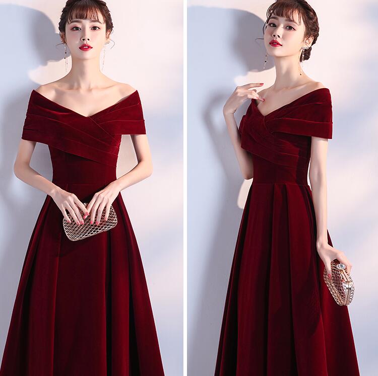 Tmallworld Elegant Wine Red Long Off Shoulder Velvet Party Dress, A-line Long Prom Dress