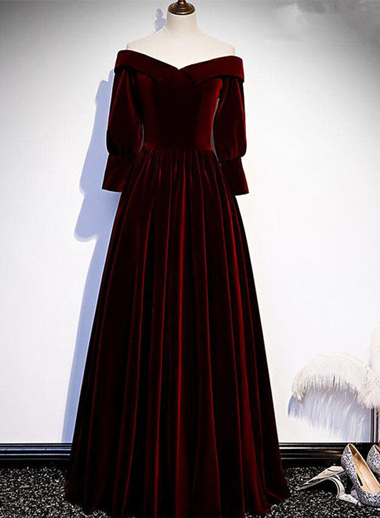 Tmallworld Chic Off Shoulder Long Sleeves Velvet Party Dress,  Wine Red Prom Dress Evening Dress