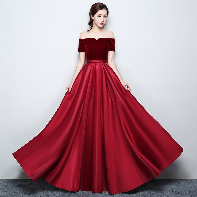 Tmallworld Wine Red Satin with Velvet Prom Dress, Off Shoulder A-line Formal Dress Evening Dress