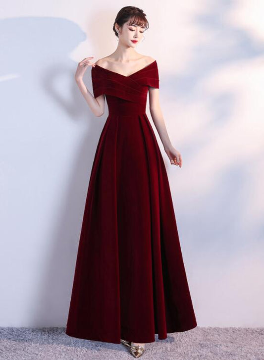 Tmallworld Elegant Wine Red Long Off Shoulder Velvet Party Dress, A-line Long Prom Dress