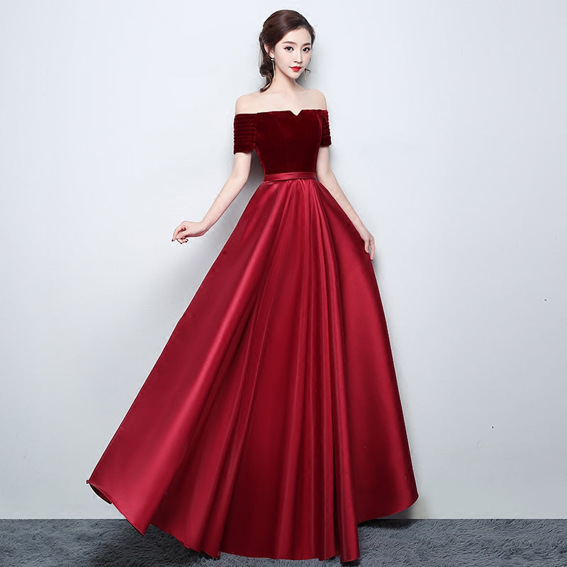 Tmallworld Wine Red Satin with Velvet Prom Dress, Off Shoulder A-line Formal Dress Evening Dress