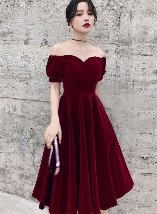 Tmallworld Wine Red Short Velvet Evening Dresses, Off Shoulder Prom Dresses Bridesmaid Dress