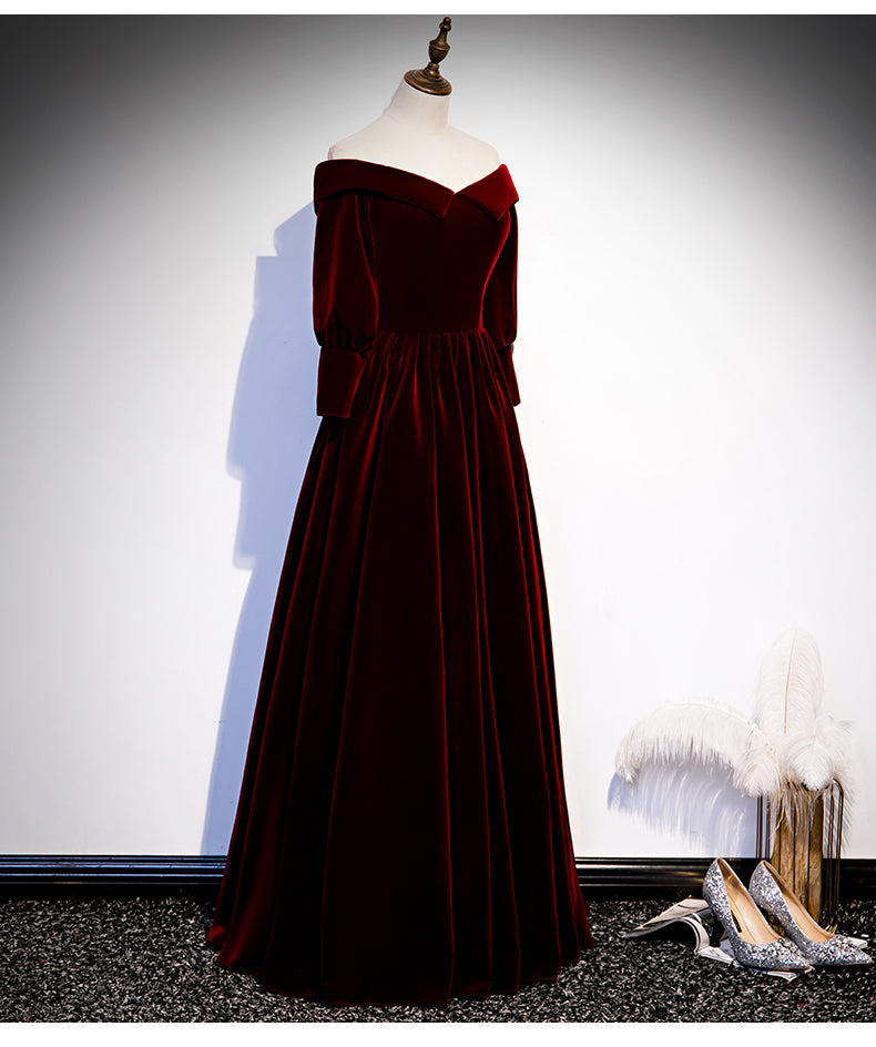 Tmallworld Chic Off Shoulder Long Sleeves Velvet Party Dress,  Wine Red Prom Dress Evening Dress