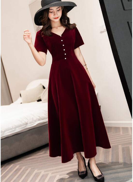 Tmallworld Wine Red Tea Length Short Sleeves Vintage Style Party Dress, Velvet Bridesmaid Dress