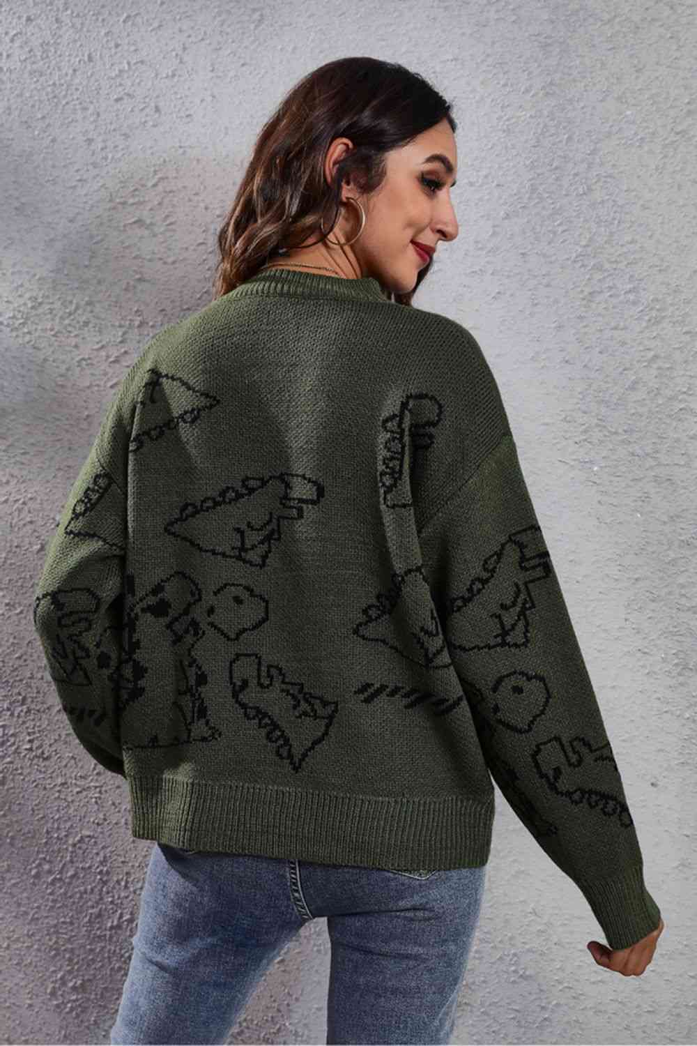 swvws Dinosaur Pattern Round Neck Sweater