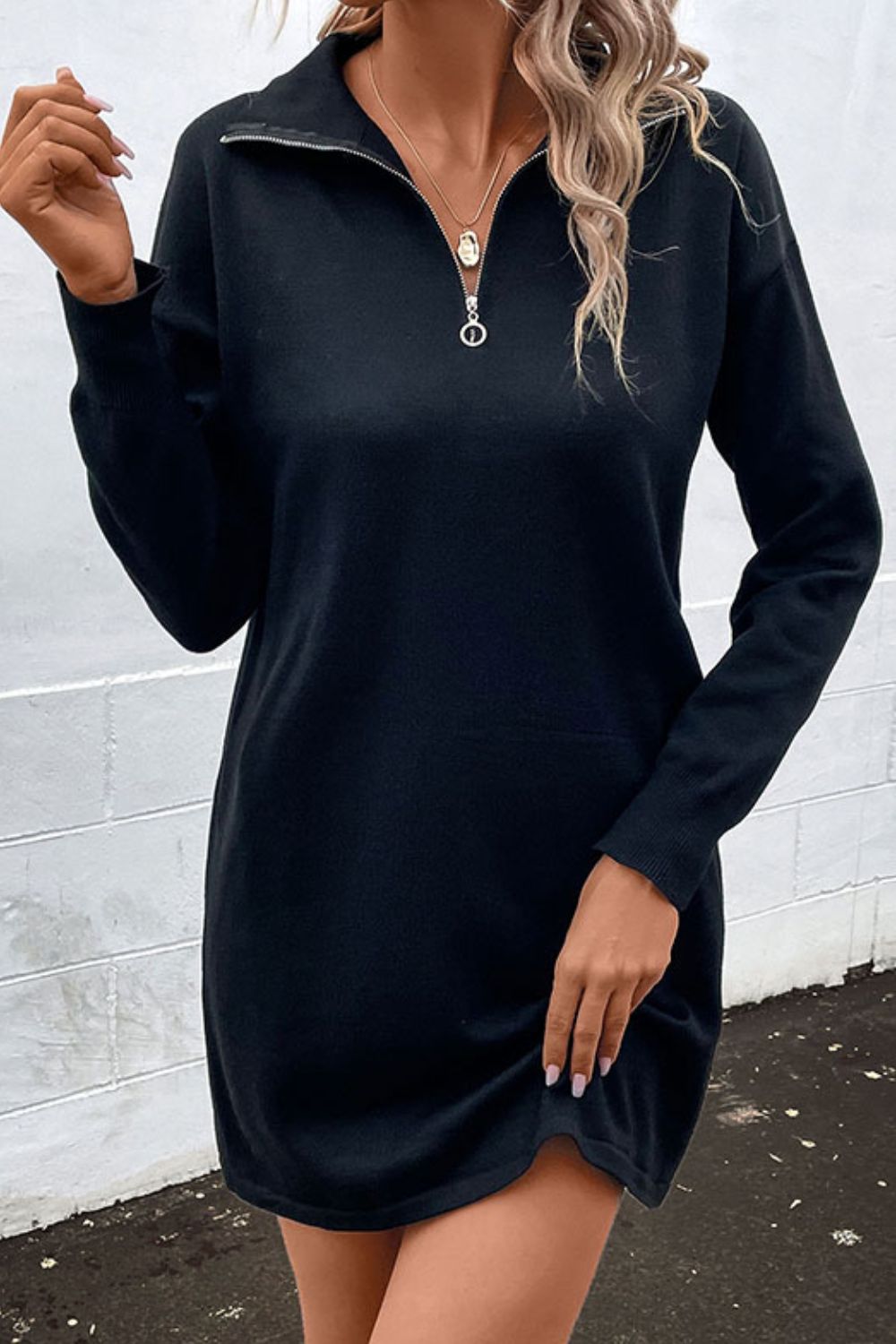 swvws Quarter-Zip Dropped Shoulder Knit Dress