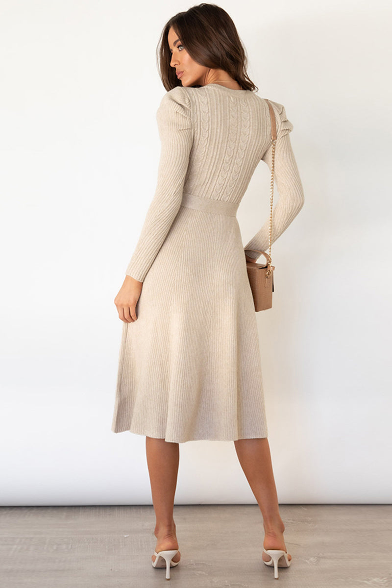 swvws Round Neck Long Sleeve Tie Waist Sweater Dress