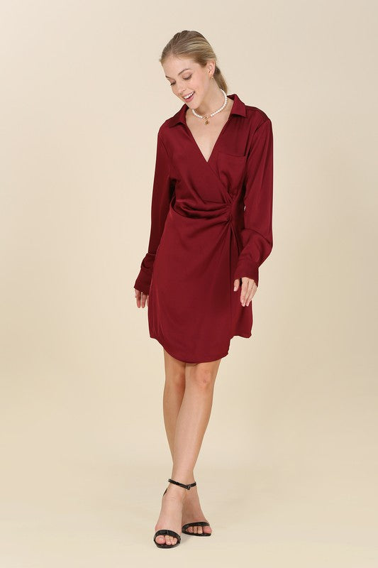 swvws Satin collared wrap mini dress