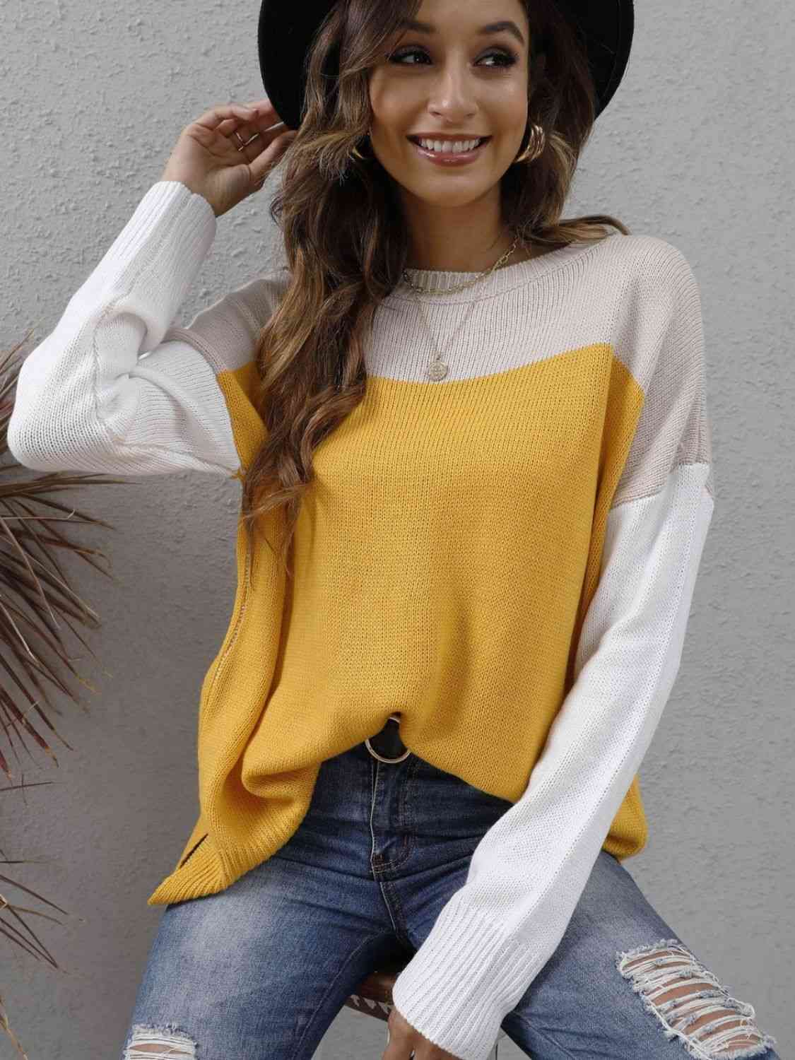 swvws Color Block Round Neck Dropped Shoulder Sweater