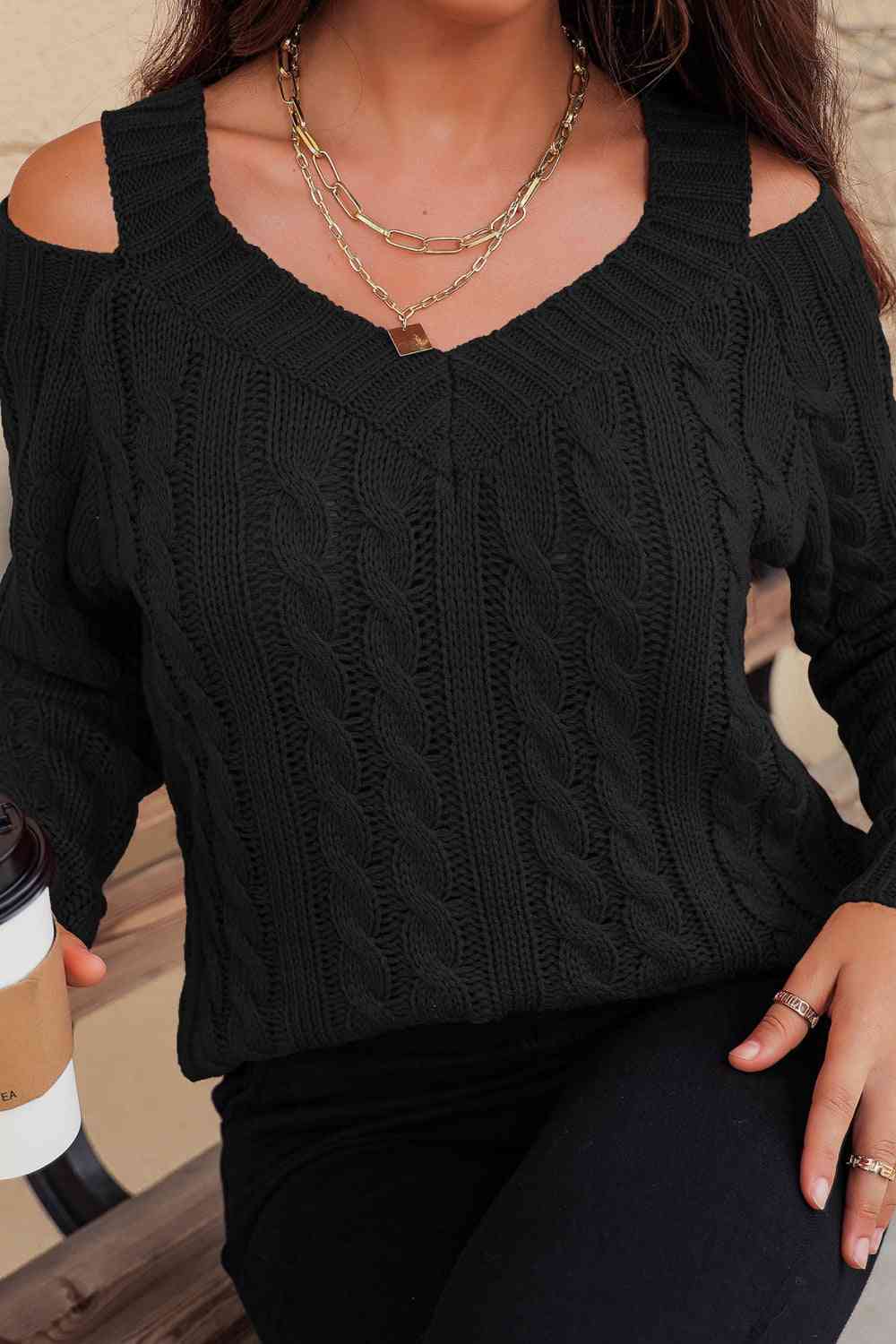 swvws Woven Right Cable-Knit Cold-Shoulder Long Sleeve Sweater