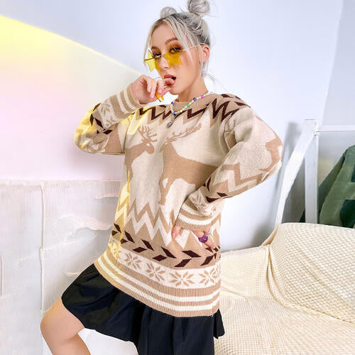 swvws Geometric Round Neck Dropped Shoulder Sweater