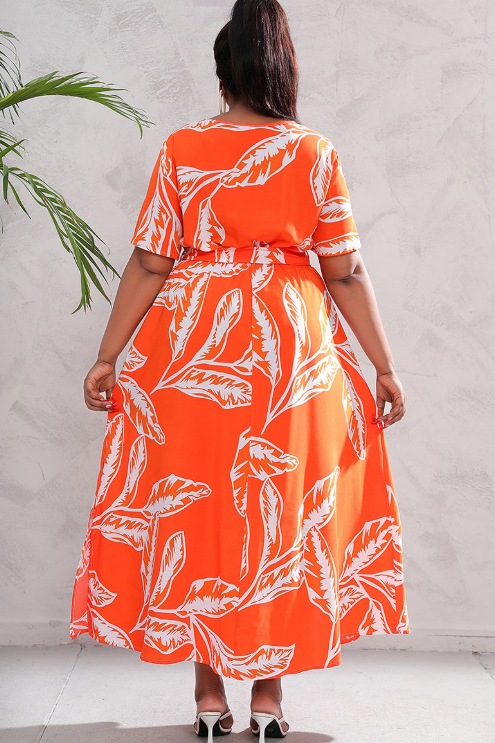 swvws Plus Size Printed Surplice Short Sleeve Maxi Dress