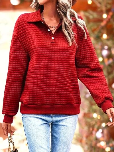 swvws Waffle-Knit Collared Neck Long Sleeve Sweatshirt