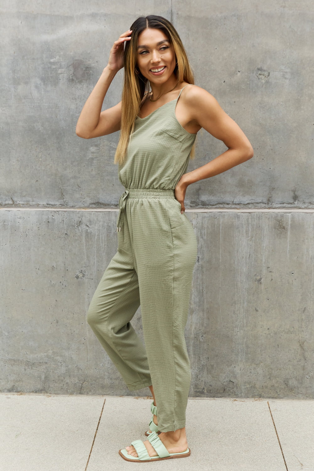 swvws ODDI Full Size Textured Woven Jumpsuit in Sage