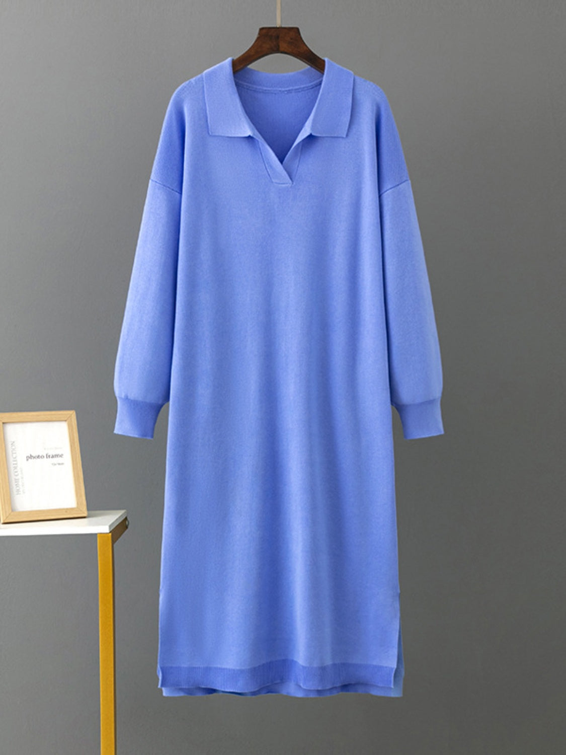 swvws Johnny Collar Long Sleeve Slit Sweater Dress