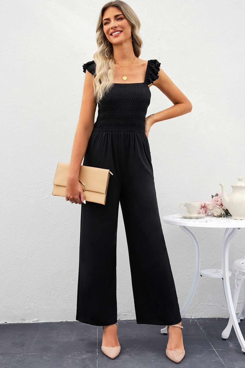 swvws Smocked Square Neck Wide Leg Jumpsuit with Pockets